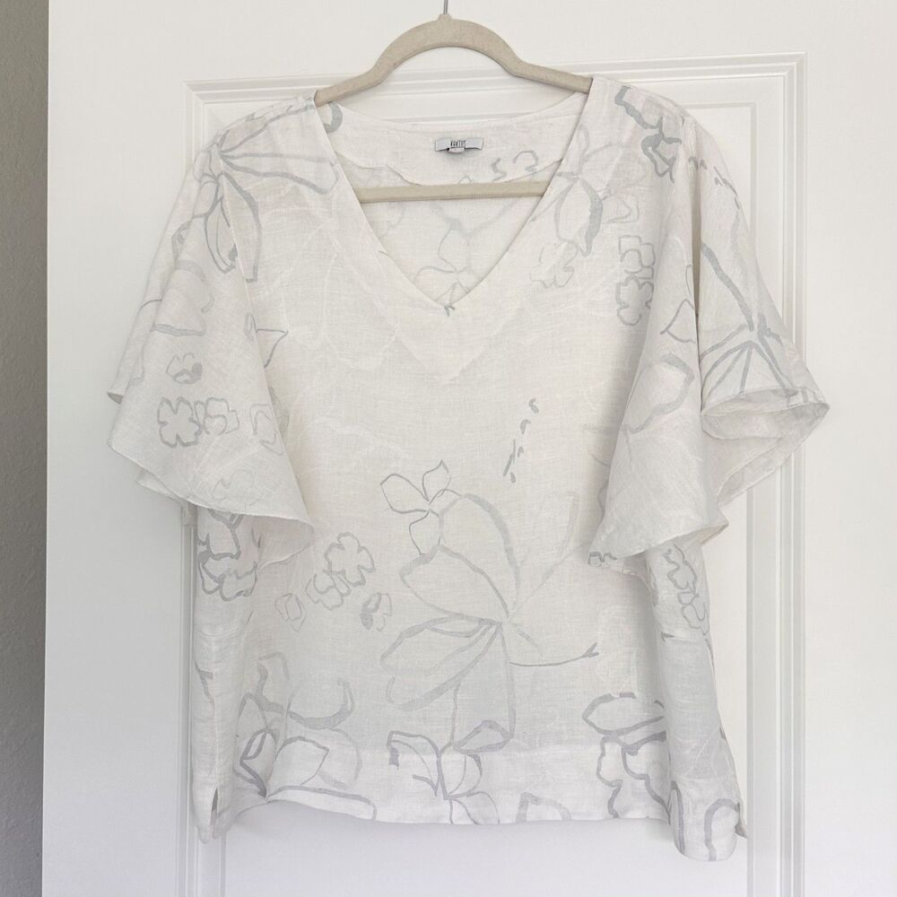 Kaktus Linen Blouse L White Gray Floral Flutter Sleeve V Neck Lightweight Top